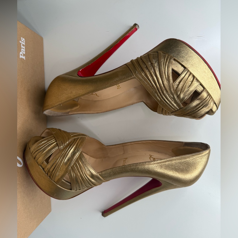 Christian Louboutin Aborina 150 Gold Lamé Platform Peep Toe Heels (Size 39.5) - Picture 7 of 14